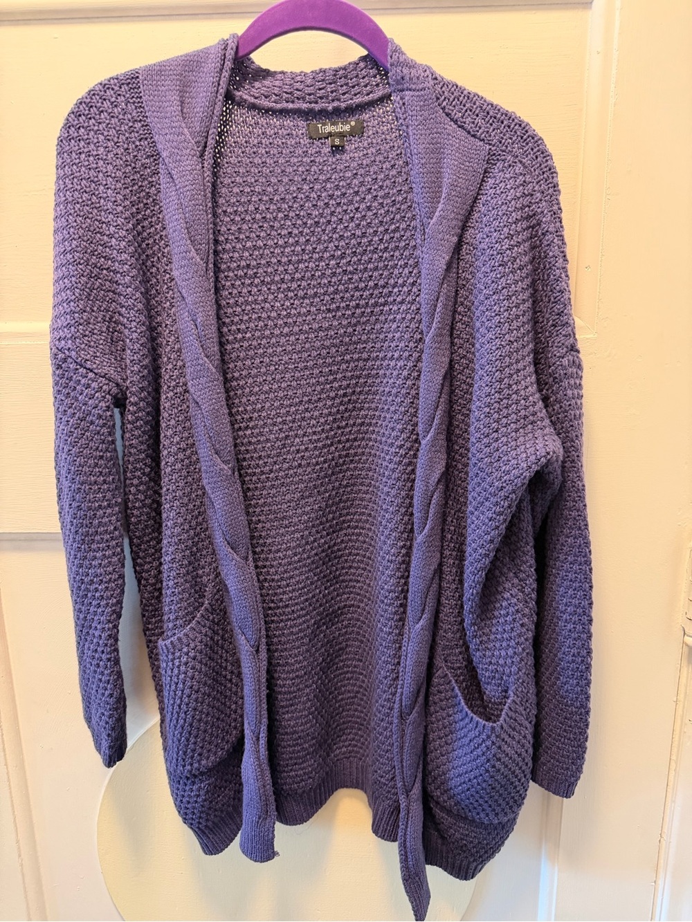 Purple Open-Front Cable Trim Knit Sweater